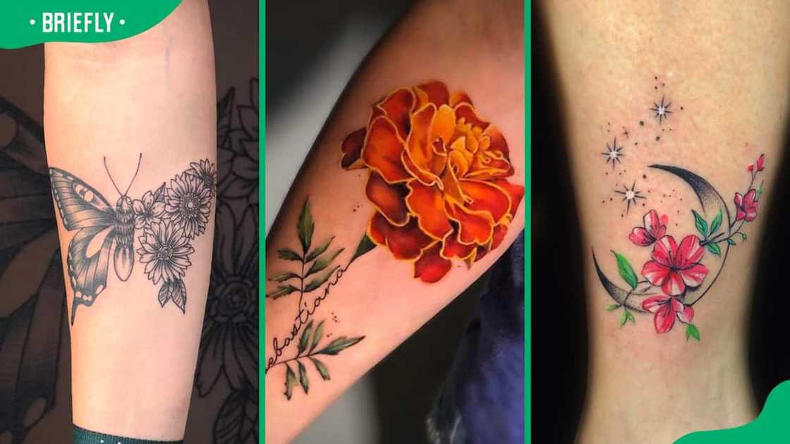 Half butterfly-half flower (L), marigold (C), and moonflower tattoo (R) Half butterfly-half flower (L), marigold (C), and moonflower tattoo (R)