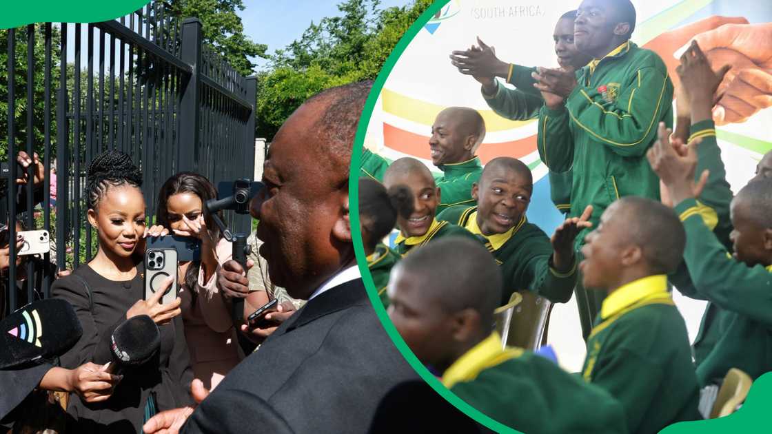 Young journalists interviewing President Cyril Ramaphosa and young uniformed students during a SASSA event Young journalists interviewing President Cyril Ramaphosa and young uniformed students during a SASSA event