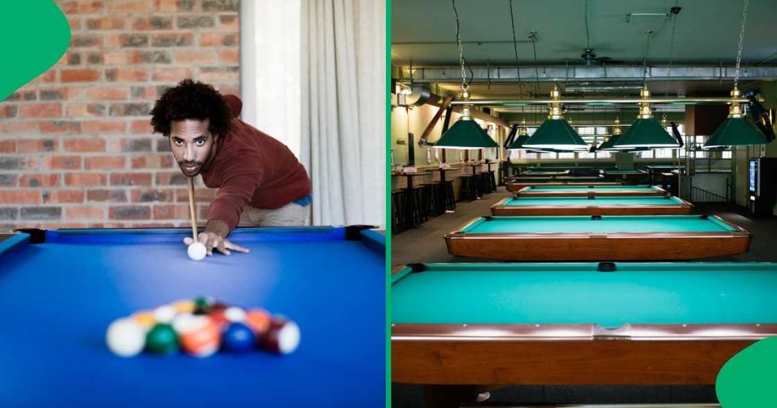 A gentleman in East London showed off his pool skills at a sheebeen. A gentleman in East London showed off his pool skills at a sheebeen.