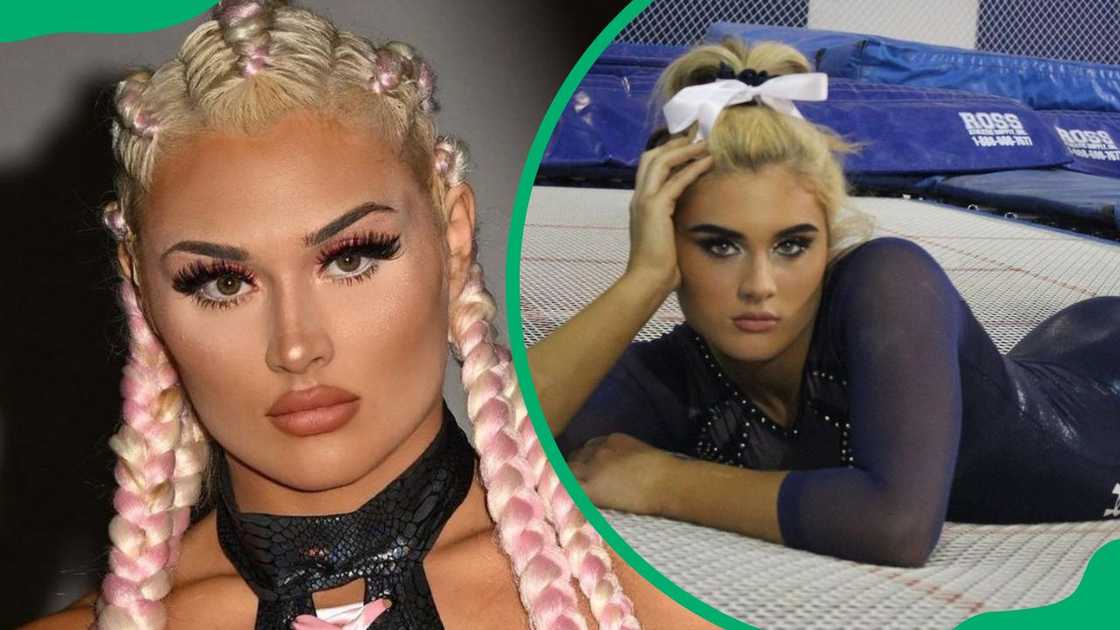 Tiffany Stratton posing for the camera (L). The athlete during her gymnastics years (R) Tiffany Stratton posing for the camera (L). The athlete during her gymnastics years (R)