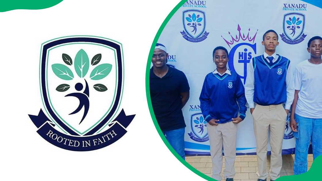 The Xanadu Private School logo and students from the school standing in front of a branded banner The Xanadu Private School logo and students from the school standing in front of a branded banner