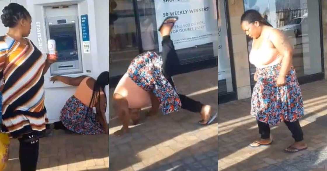 Women somersaults to use ATM, capitec ATM, woman uses capitec ATM, women lines up for atm Women somersaults to use ATM, capitec ATM, woman uses capitec ATM, women lines up for atm
