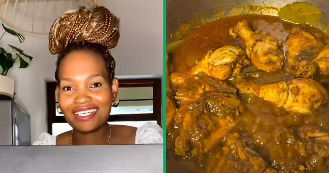 A TikTok video showcasing a woman cooking chicken stew. A TikTok video showcasing a woman cooking chicken stew.