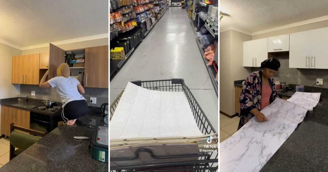 Woman renovated her Kitchen in rented apartment with contact paper Woman renovated her Kitchen in rented apartment with contact paper