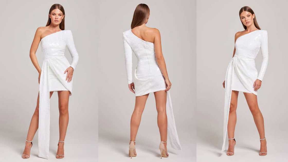 Sequined one-shoulder mini with shoulder pad detail Sequined one-shoulder mini with shoulder pad detail