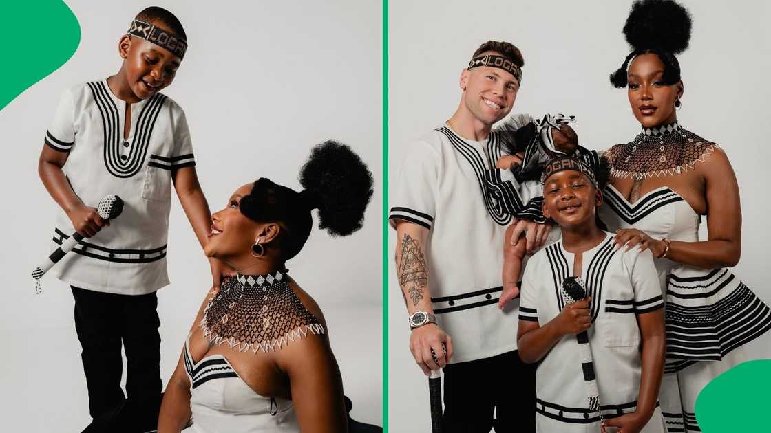 The family of four wore custom matching black-and-white traditional garments The family of four wore custom matching black-and-white traditional garments