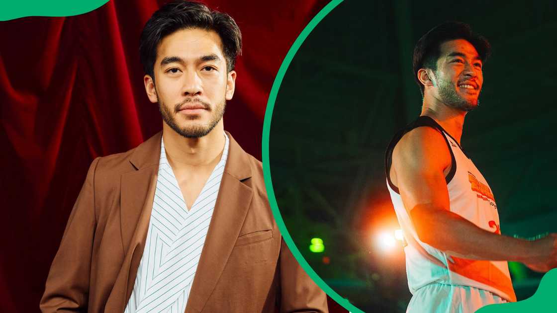 Justin Chien standing against a rich red curtain backdrop (L). The actor standing in an indoor arena with a smile on his face (R)