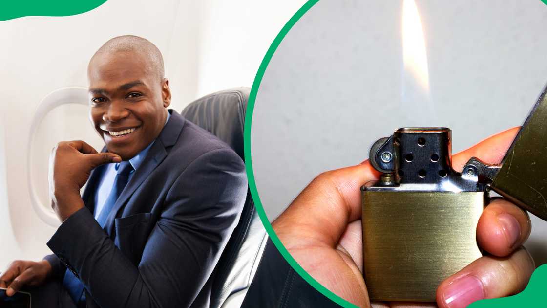 A young businessman holding a cell phone on an aeroplane (L). A hand holding a burning Zippo lighter (R).