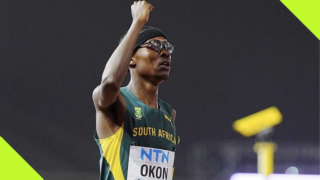 South Africa's Udeme Okon celebrates after winning gold medal in the men's 400m at the ongoing World Athletics Under-20 championship in Lima, Peru. Photo: @MbalulaFikile.