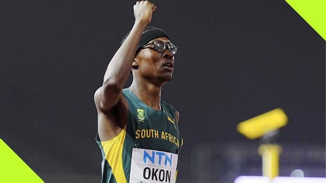 South Africa's Udeme Okon celebrates after winning gold medal in the men's 400m at the ongoing World Athletics Under-20 championship in Lima, Peru. Photo: @MbalulaFikile. South Africa's Udeme Okon celebrates after winning gold medal in the men's 400m at the ongoing World Athletics Under-20 championship in Lima, Peru. Photo: @MbalulaFikile.
