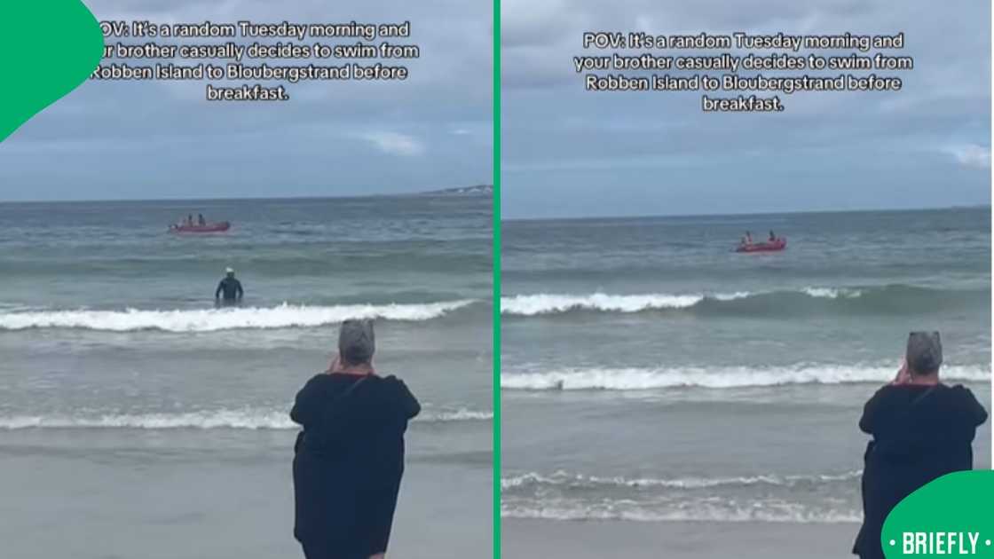 The visual on the left captured the man coming out of water