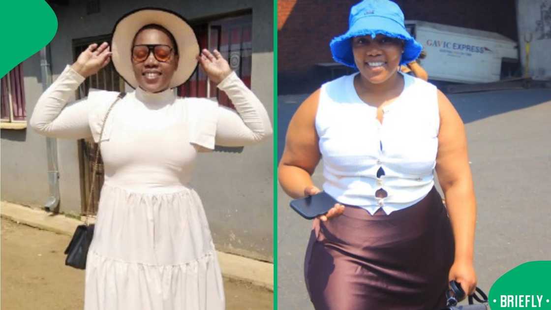 The image on the right showed Thando Magwaza wearing a white top and chocolate skirt
