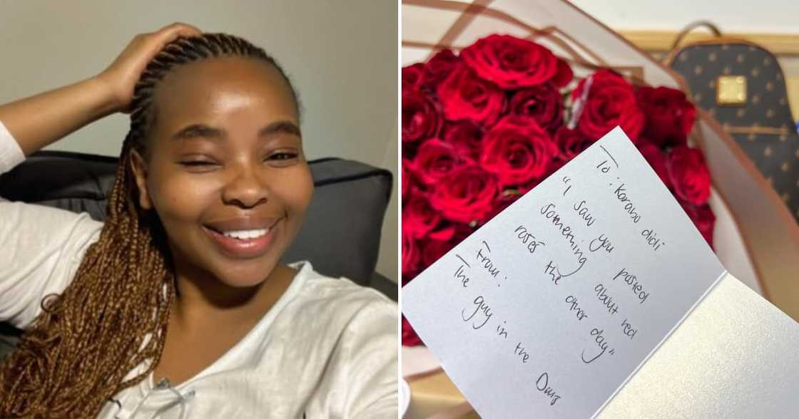 Woman beaming after receiving a huge bouquet of roses