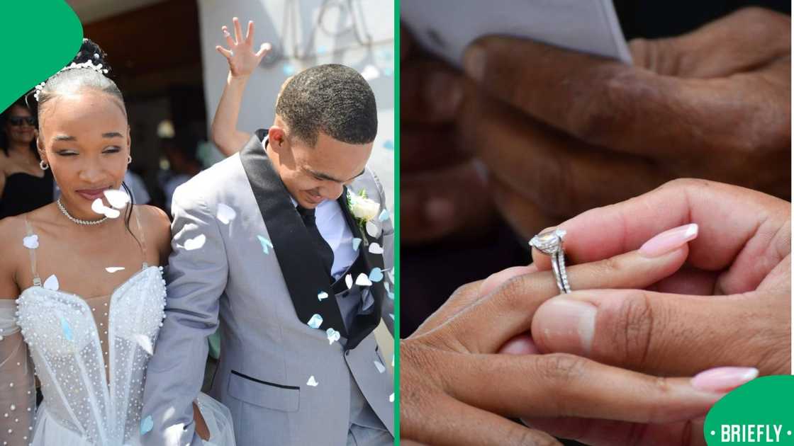 The picture on the right showed their hands, with the groom putting a ring on the bride