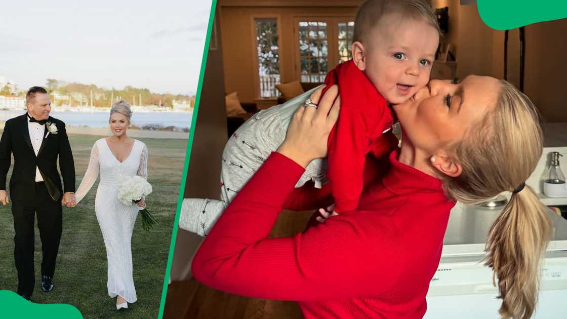 Nicholas Riccio and Karoline Leavitt during their 2025 wedding (L). The political spokesperson and her son, Robert (R)