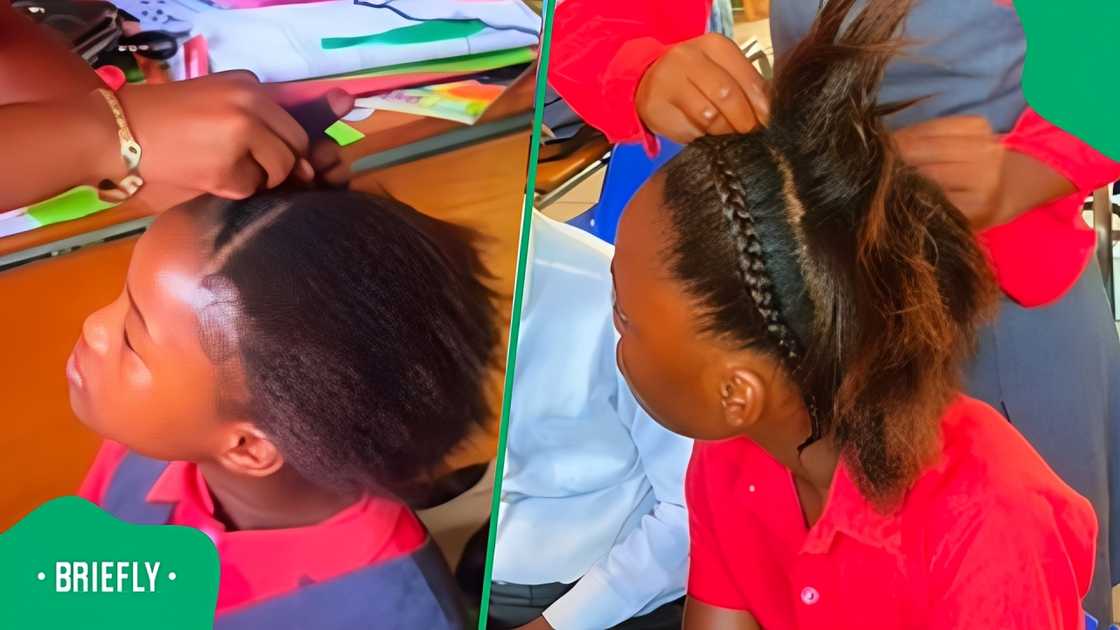 Primary school children braid her in class Primary school children braid her in class