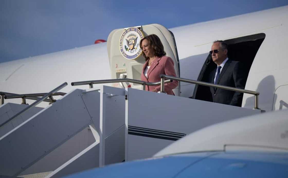 In this handout image courtesy of NASA, US Vice President Kamala Harris and Second Gentleman Doug Emhoff exit their aircraft after landing at the ennedy Space Center in Cape Canaveral, Florida In this handout image courtesy of NASA, US Vice President Kamala Harris and Second Gentleman Doug Emhoff exit their aircraft after landing at the ennedy Space Center in Cape Canaveral, Florida