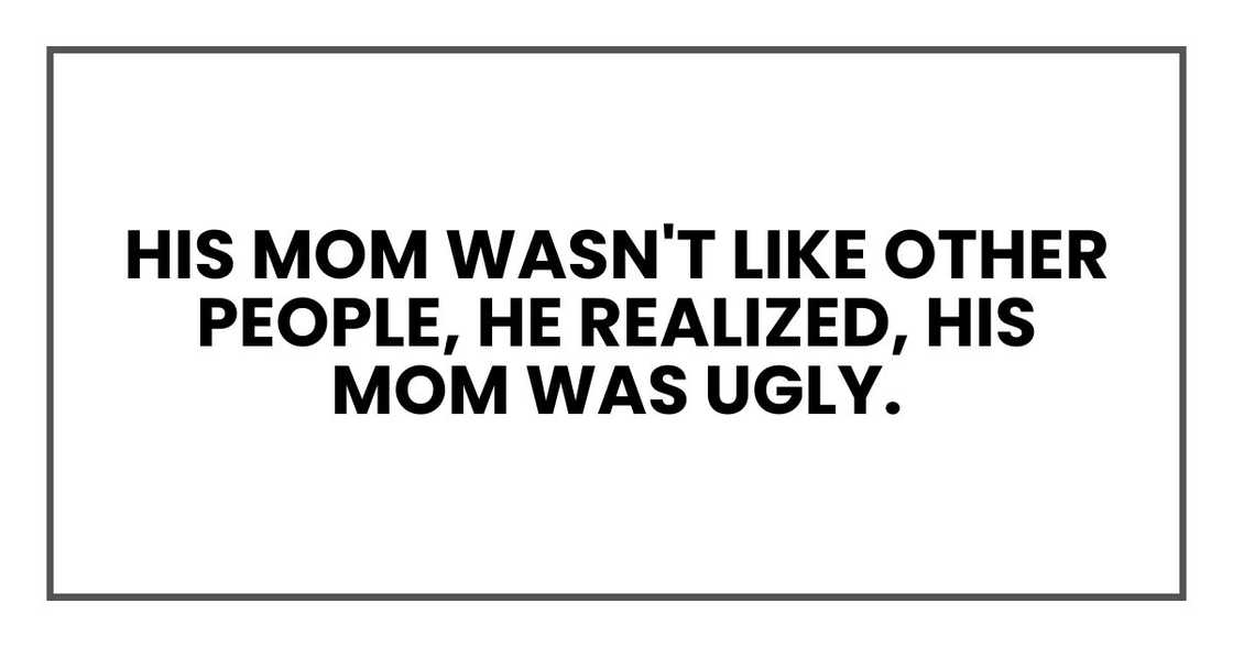 His mom wasn't like other people, he realized, his mom was UGLY. His mom wasn't like other people, he realized, his mom was UGLY.