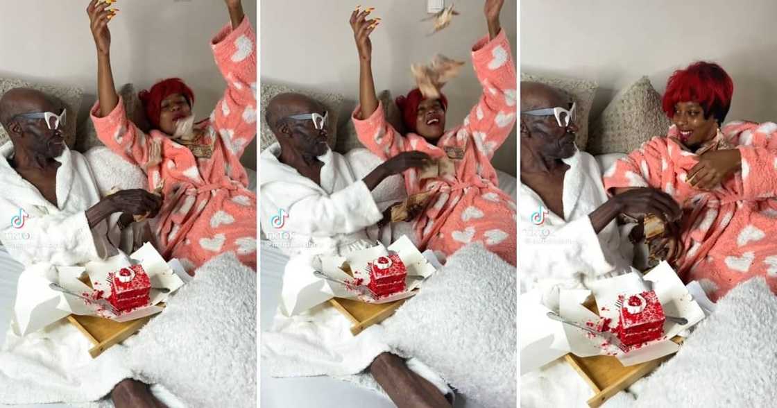 An elderly man spoiled his young wife with money An elderly man spoiled his young wife with money