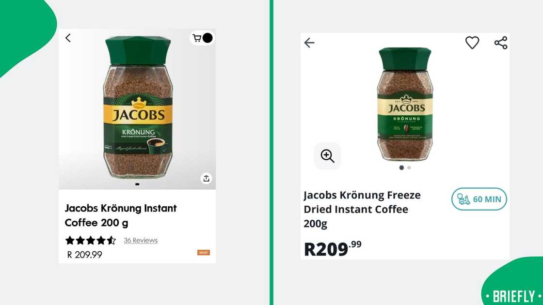 Coffee of the same brand is listed for the same price