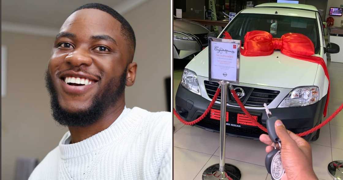 A proud gent celebrated purchasing a bakkie for his new business. A proud gent celebrated purchasing a bakkie for his new business.