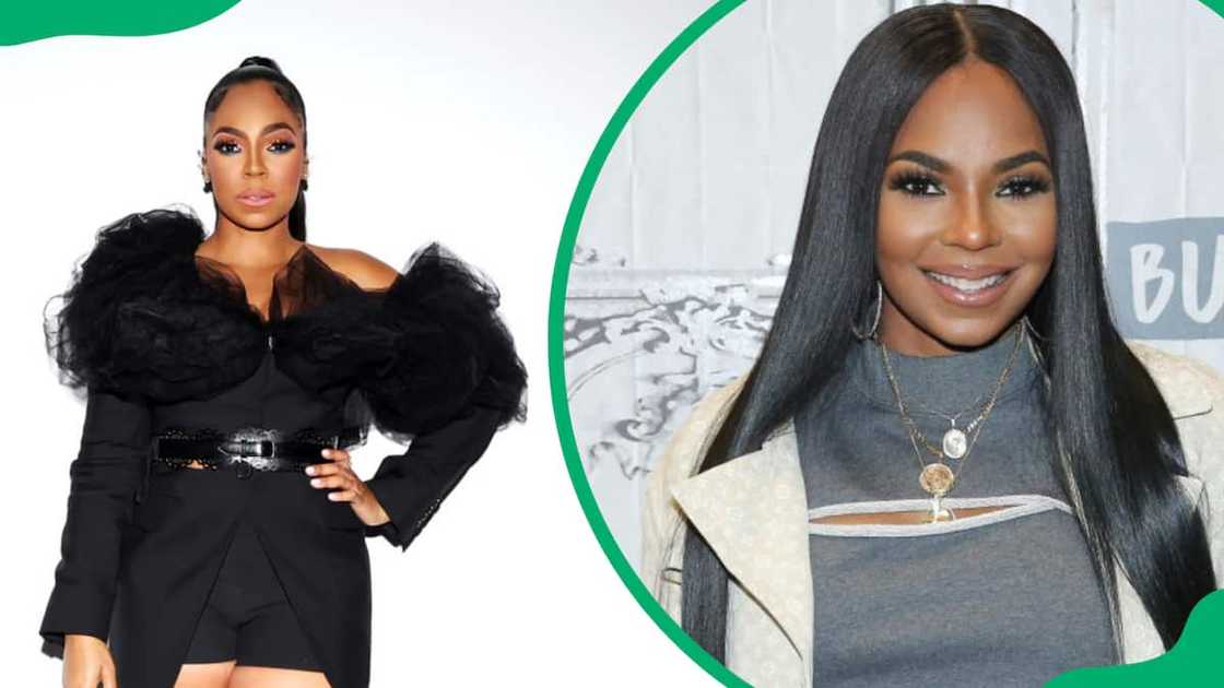 Ashanti at the Feature Presentation Podcast's official launch in New York City (L). Ashanti at the Build Series at Build Studio in New York City (R).