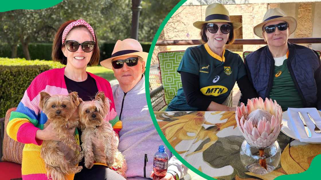 Douw Steyn and his wife in colourful outfits are pictured along their dogs, and the couple is pictured in matching MTN tees