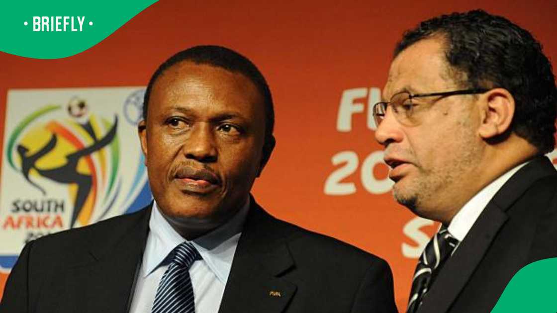 Irvin Khoza spotted with Danny Jordaan at the 2010 Soccer World Cup Press conference. Irvin Khoza spotted with Danny Jordaan at the 2010 Soccer World Cup Press conference.