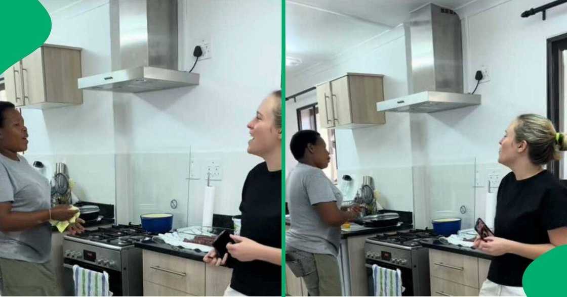 A TikTok video shows a domestic worker and a white woman singing beautifully in the kitchen. A TikTok video shows a domestic worker and a white woman singing beautifully in the kitchen.