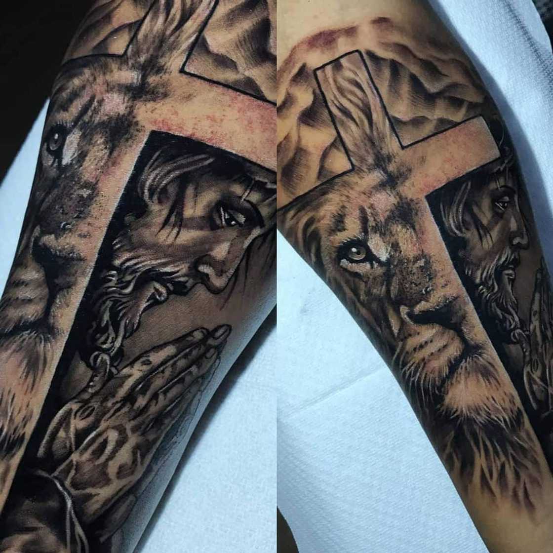 Lion with a cross on the eye tattoo