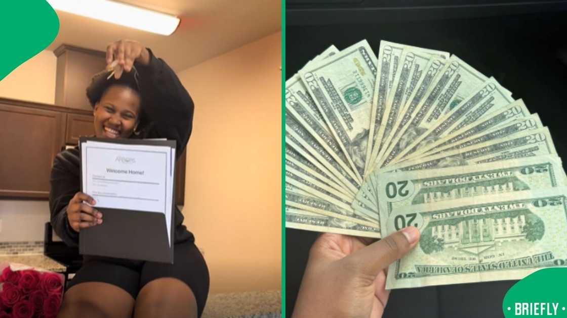 The picture on the left showed Luyanda sitting on a kitchen counter, celebrating her new home