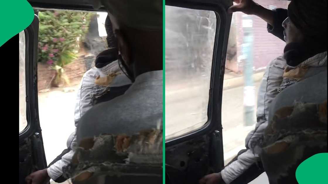 A TikTok video shows a man holding a broken door for a taxi. A TikTok video shows a man holding a broken door for a taxi.