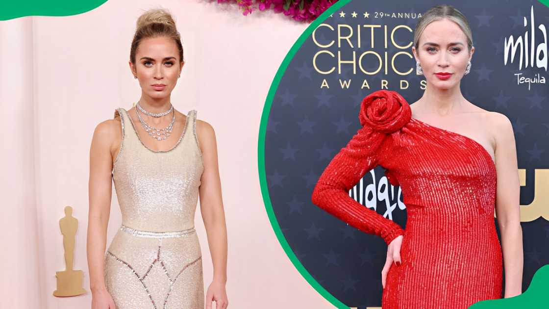 Emily Blunt at the 96th Annual Academy Awards in Hollywood, California (L). Emily Blunt at the 29th Annual Critics Choice Awards at Barker Hangar (R). Emily Blunt at the 96th Annual Academy Awards in Hollywood, California (L). Emily Blunt at the 29th Annual Critics Choice Awards at Barker Hangar (R).
