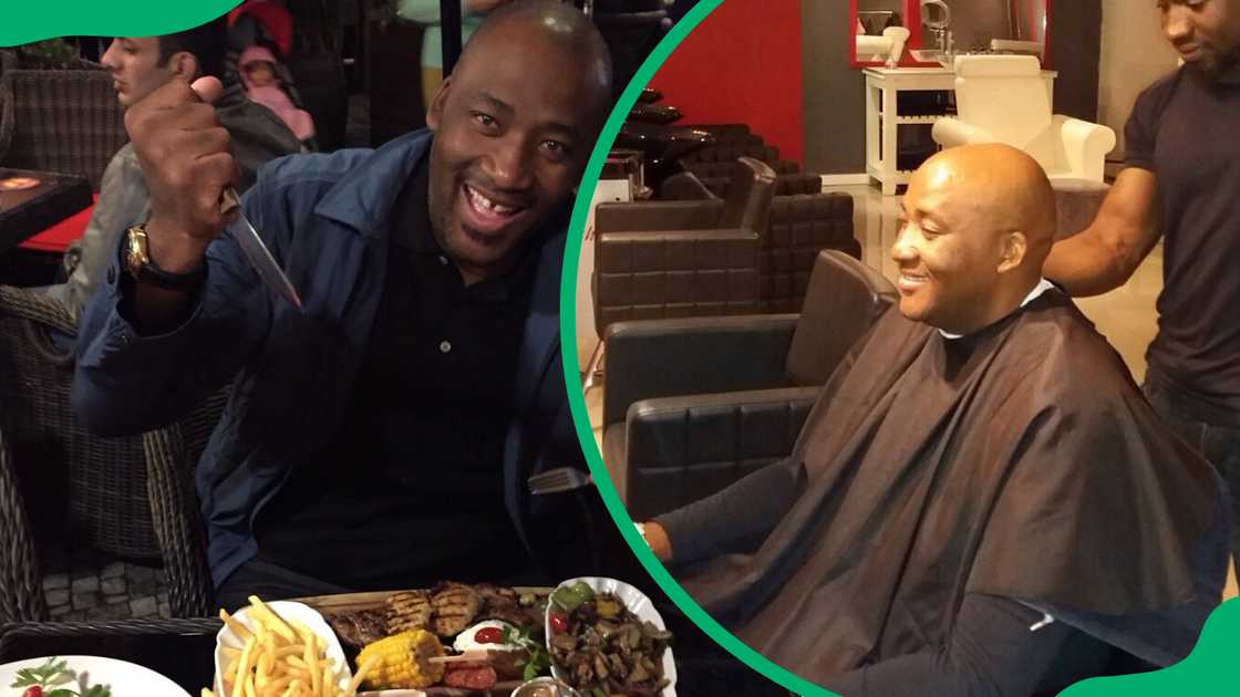 Gayton McKenzie enjoys a platter of food in a restaurant and he smiles after getting a haircut Gayton McKenzie enjoys a platter of food in a restaurant and he smiles after getting a haircut