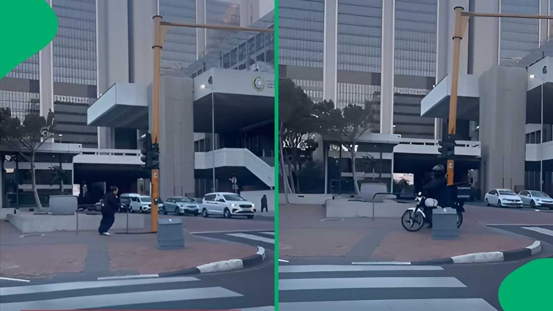 A deliverry driver even fell off from his motorbike because of the wind