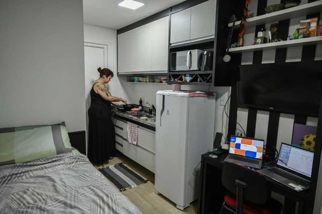 Lara Maia's kitchen, office and bedroom is all in one space