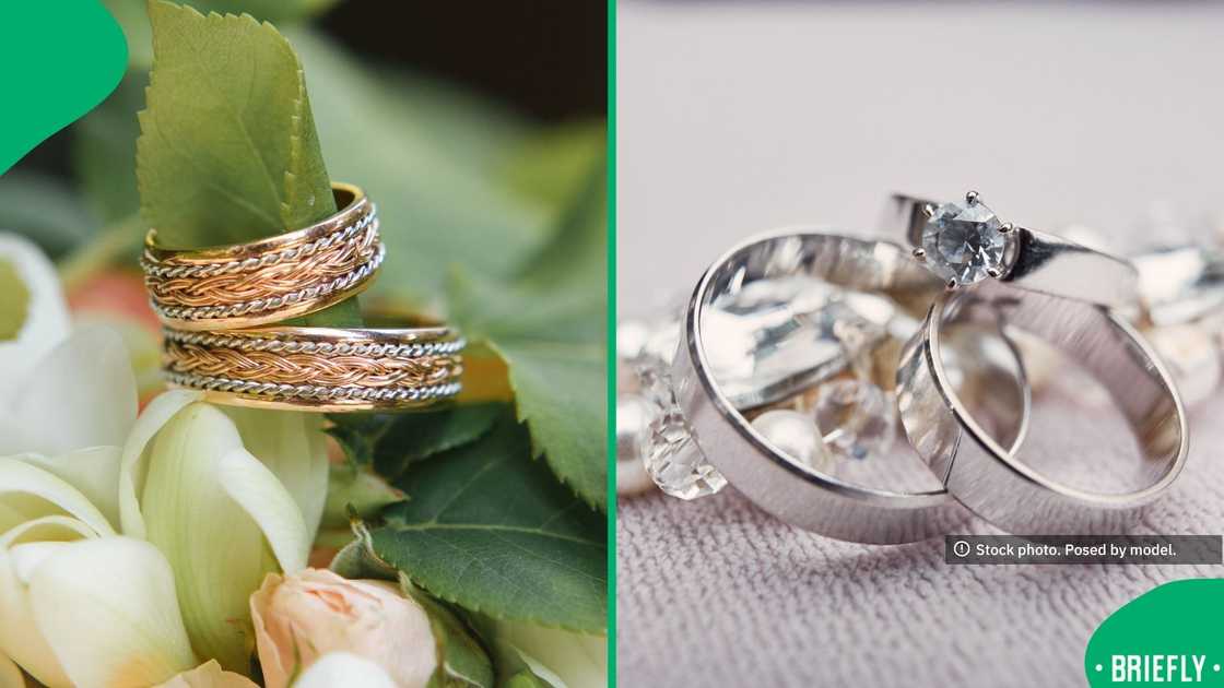 The image on the right showed two silver wedding rings, for him and her