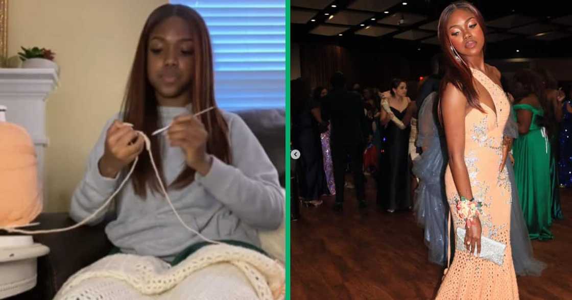 A young woman self-crocheted her prom dress from scratch. A young woman self-crocheted her prom dress from scratch.