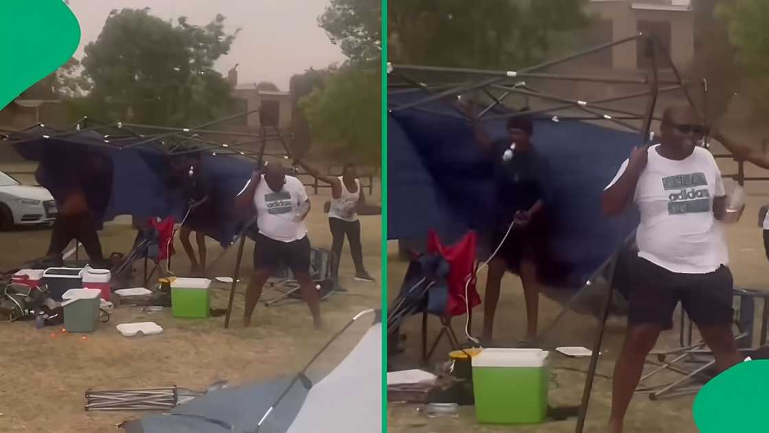 A TikTok video shows a man's camping day getting ruined by bad weather.