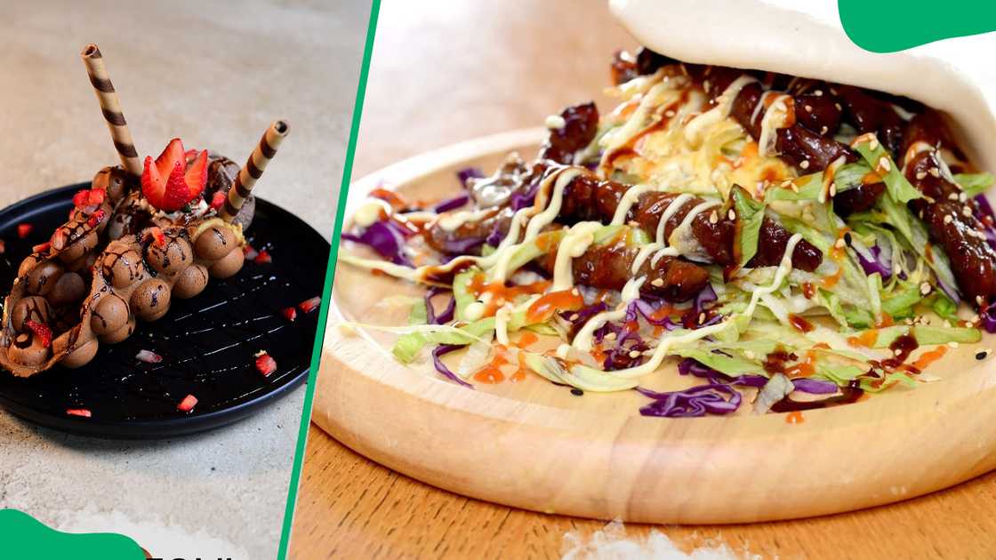Bubble waffle (L). Beef Teriyaki Bao (R)