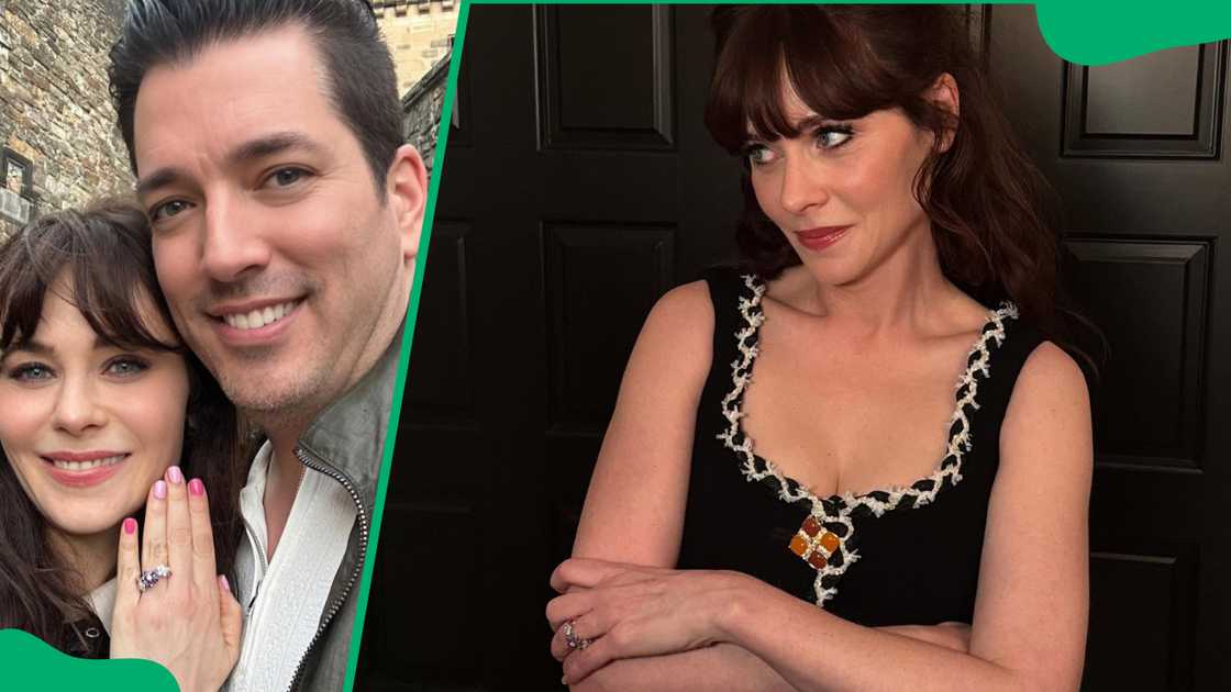 Zooey Deschanel showing off her engagement ring