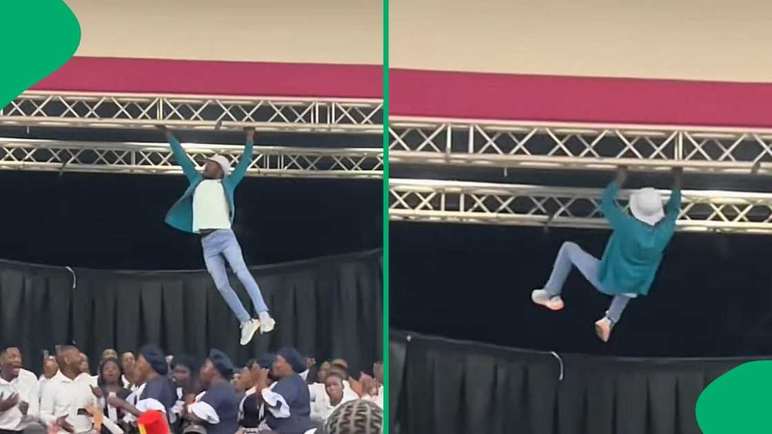 A TikTok video shows a man climbing the stage, leaving peeps in laughter. A TikTok video shows a man climbing the stage, leaving peeps in laughter.