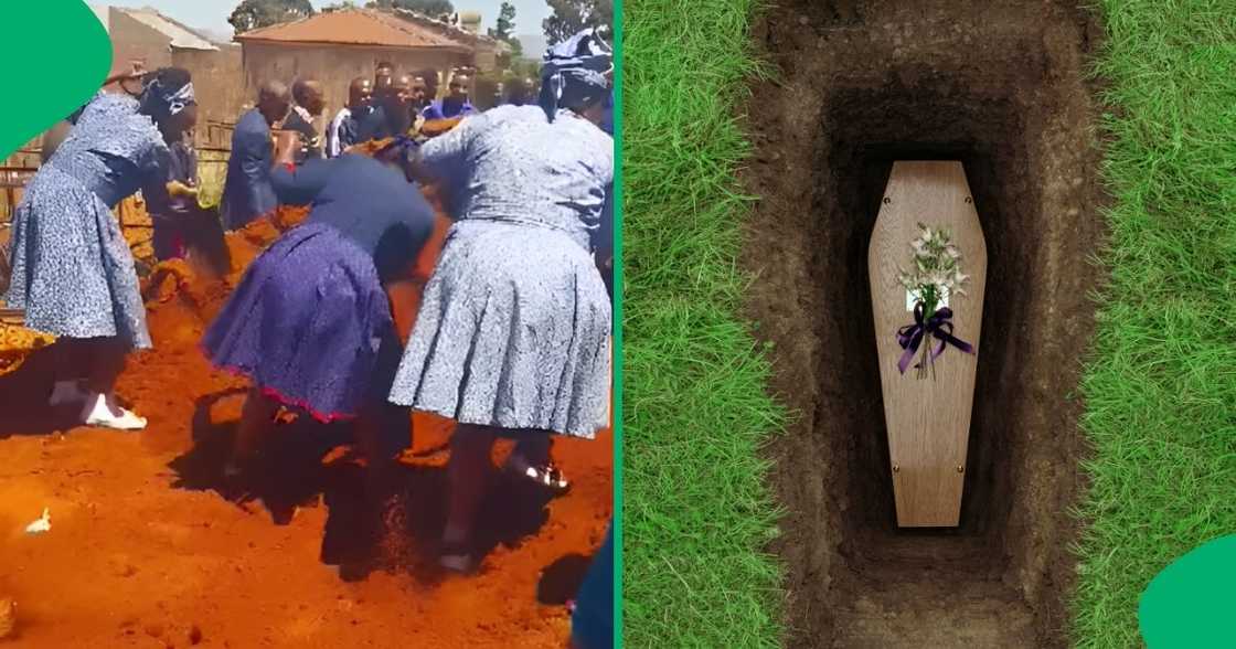 A group of elderly women were seen closing a grave at a funeral.