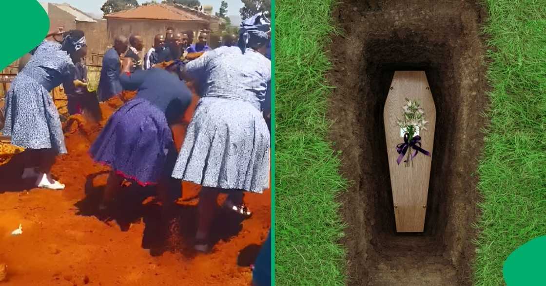 A group of elderly women were seen closing a grave at a funeral. A group of elderly women were seen closing a grave at a funeral.