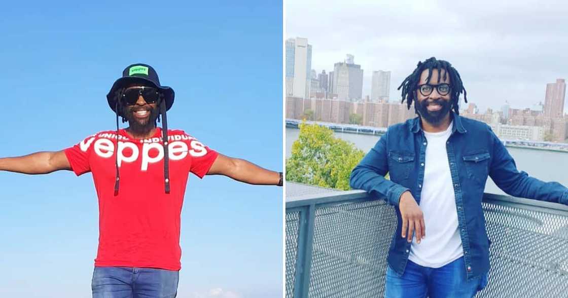 DJ Sbu gives Mzekezeke his flowers. DJ Sbu gives Mzekezeke his flowers.
