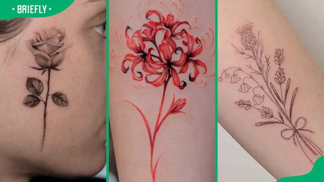 Face (L), red spider lily (C), and wildflower bouquet flower tattoos (R) Face (L), red spider lily (C), and wildflower bouquet flower tattoos (R)