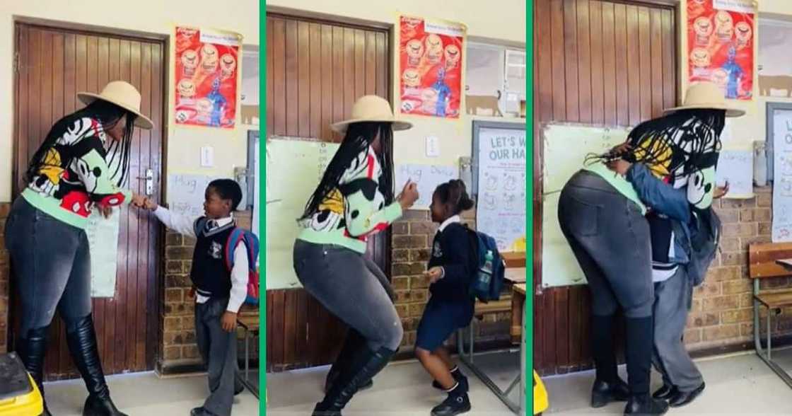 A teacher has a unique goodbye ritual with her pupils. A teacher has a unique goodbye ritual with her pupils.