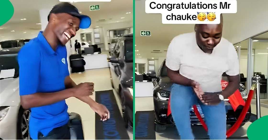 Client outshines car salesman with his dancing. Client outshines car salesman with his dancing.