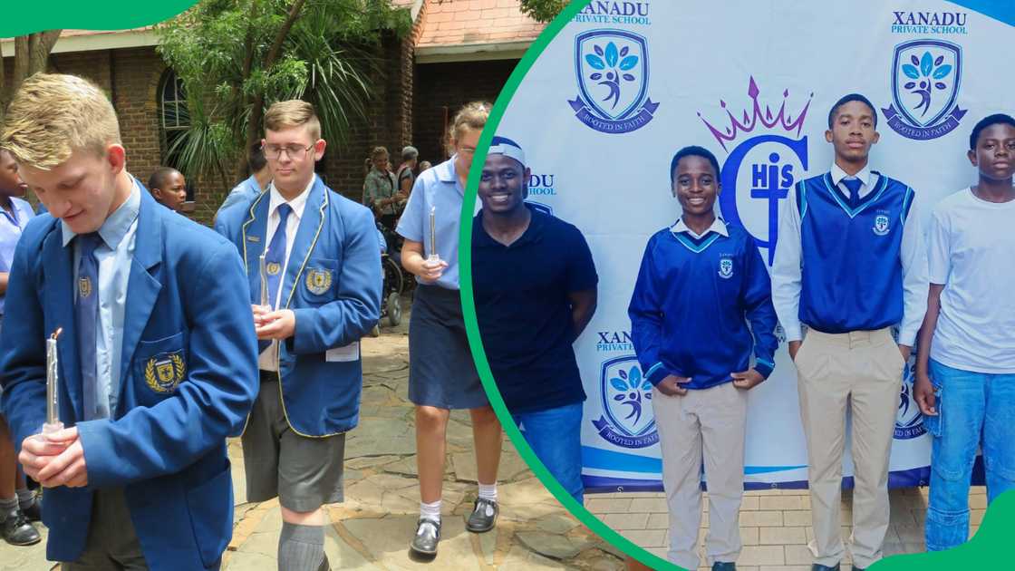 Students from Meerhof School walking when holding candles and students from Xanadu Private School standing in front of a branded banner Students from Meerhof School walking when holding candles and students from Xanadu Private School standing in front of a branded banner