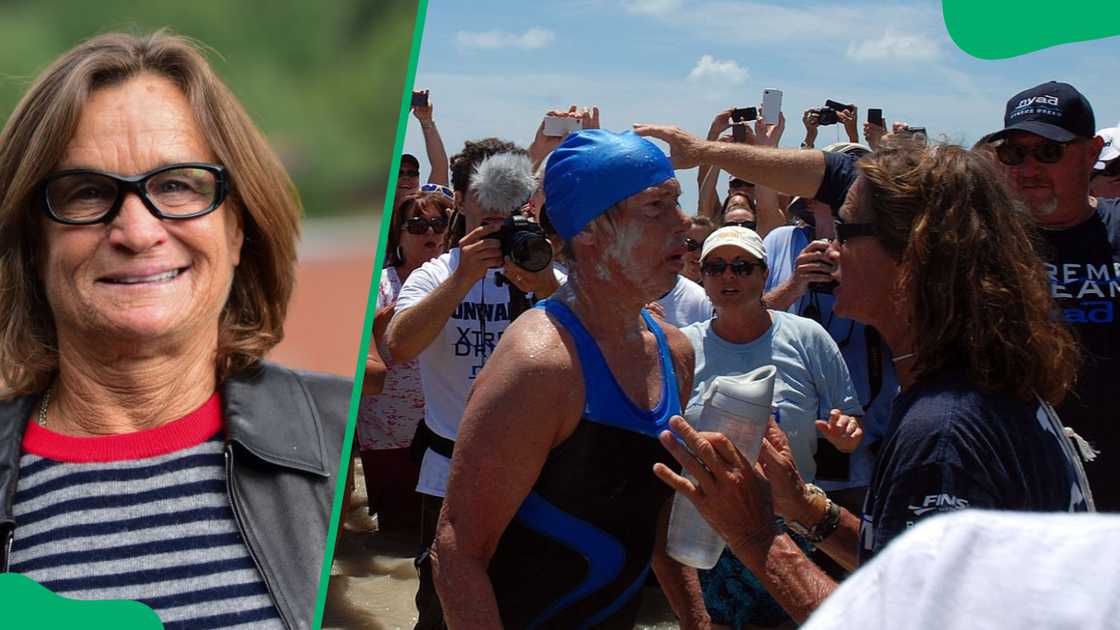 Bonnie Stoll at the 2023 Telluride Film Festival (L). The athlete and Diana Nyad during the latter's historic 2013 swim (R)